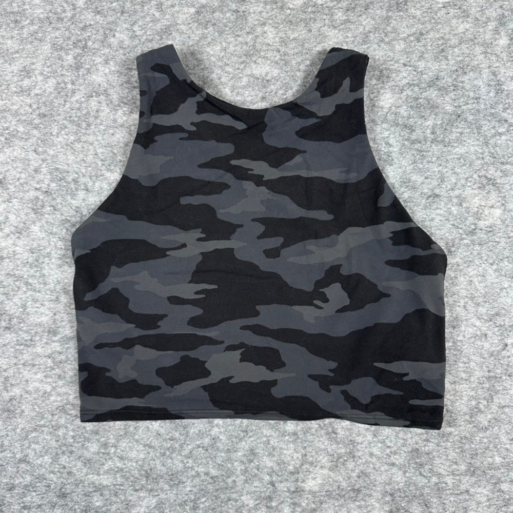 Athleta Crop Tank Top Womens Small Black Gray Camo Good Built-In Shelf Bra‎ Tank